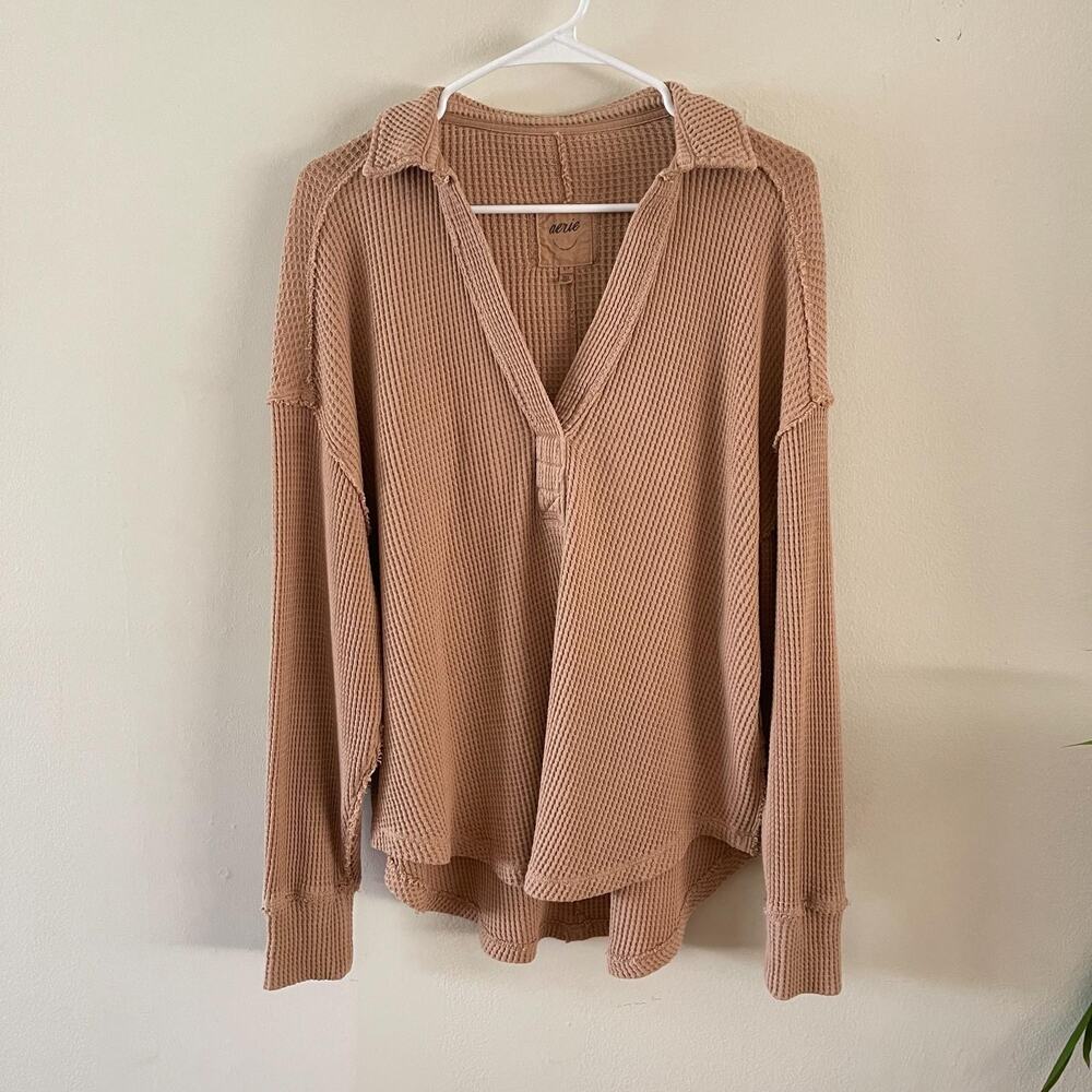 Aerie Womens Small Waffle Knit Top Tan Long Sleeve V Neck Relaxed Fit